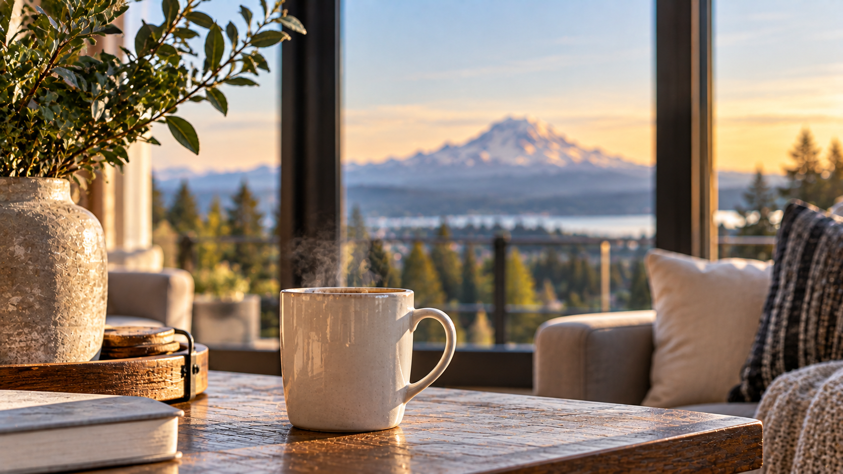 A warm Pacific Northwest home interior with a Mount Rainier view