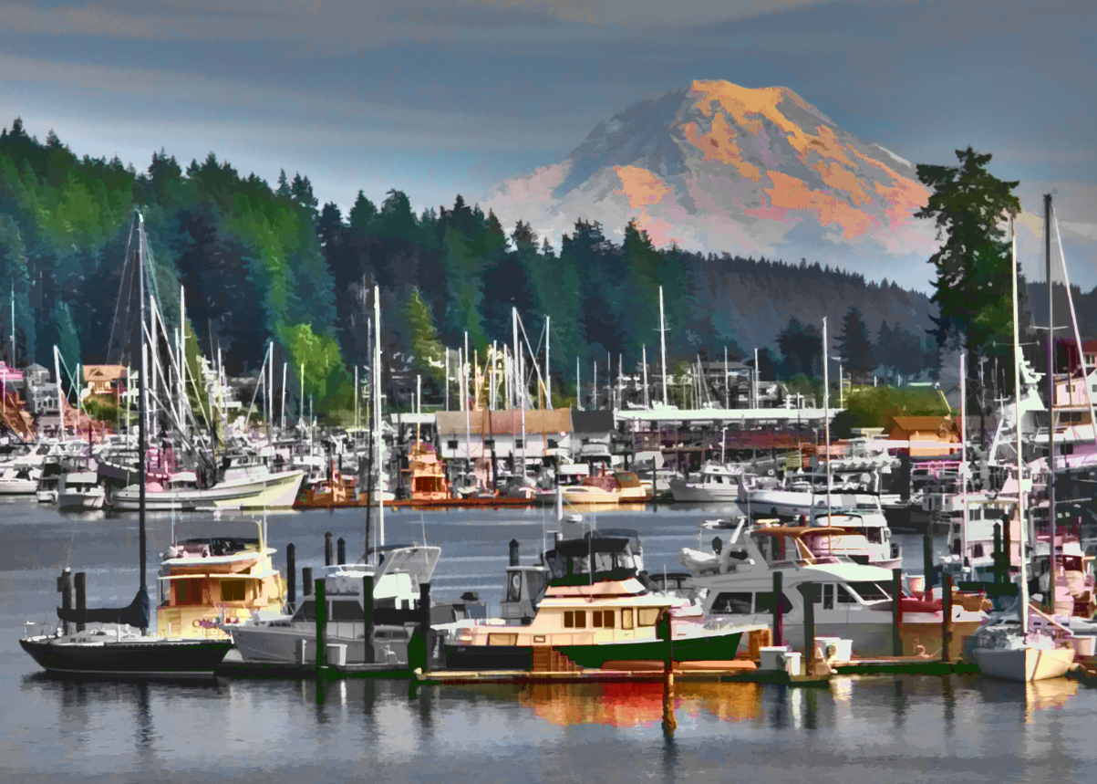Gig Harbor waterfront with Mount Rainier in the background