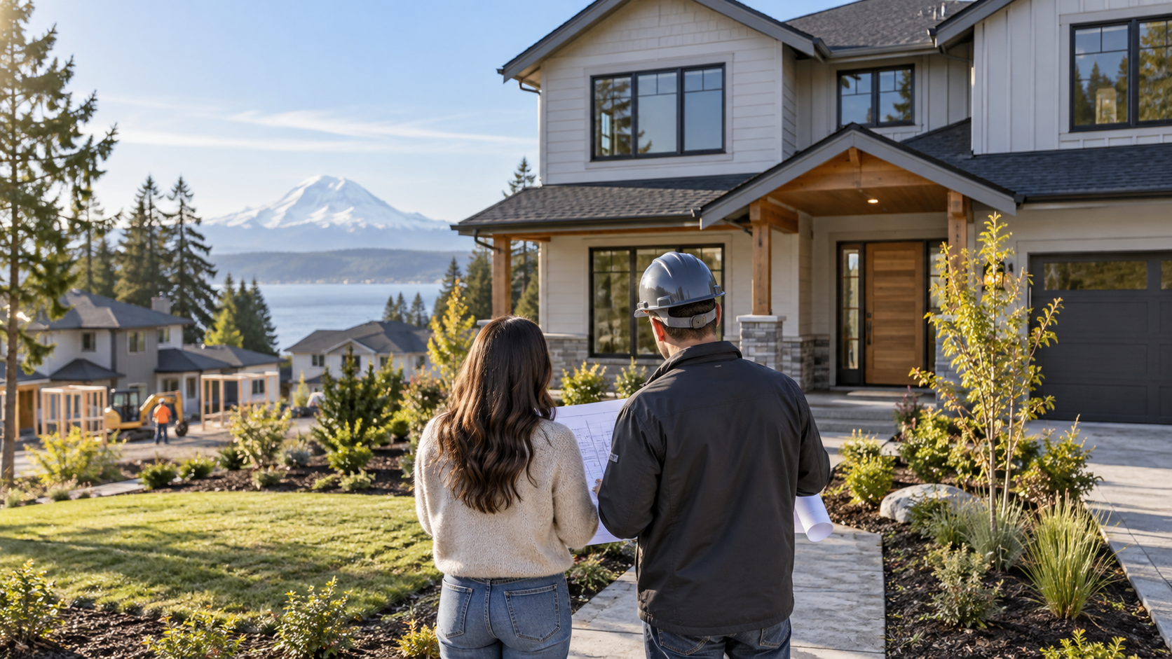 Buyer and inspector reviewing plans outside a new-construction Pierce County home