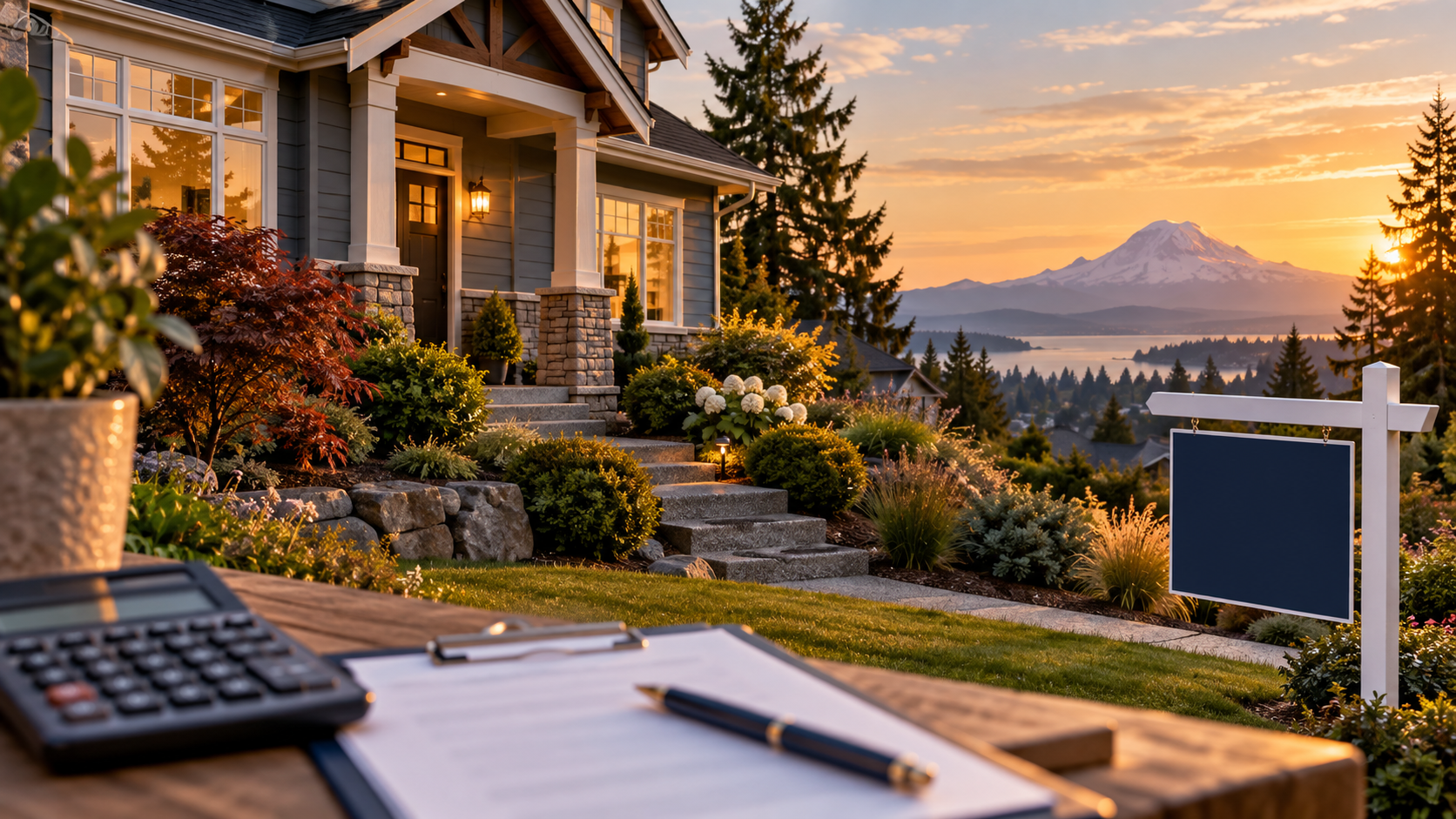 Pierce County home at sunset with a calculator and seller planning documents