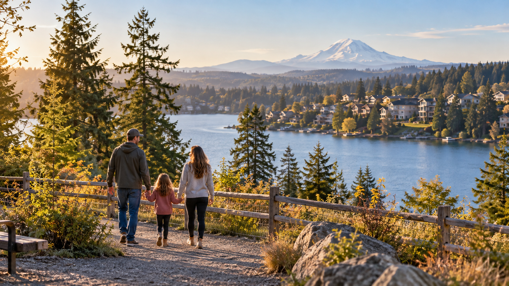 Family walking near a Bonney Lake community with lake and Mount Rainier views