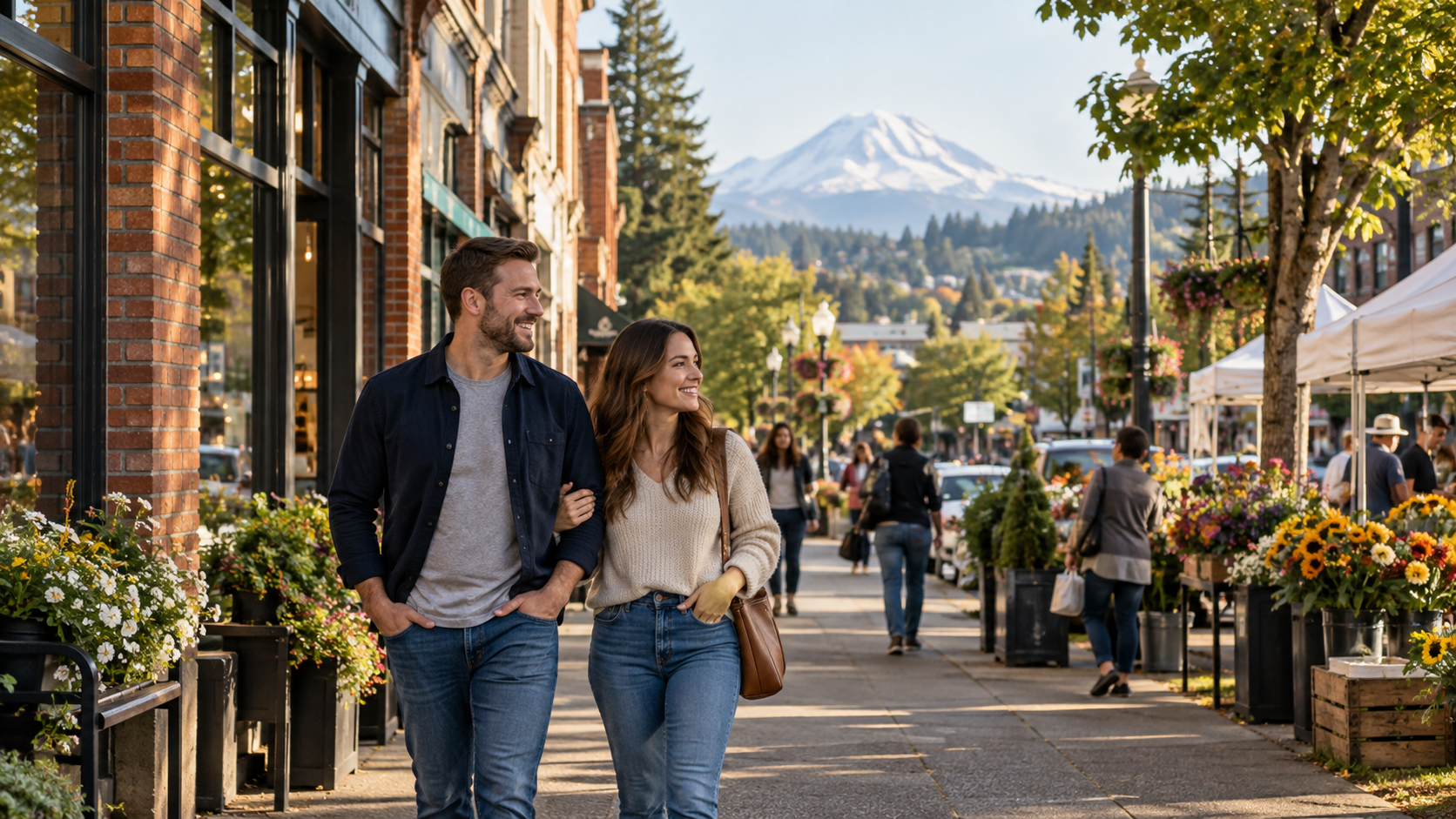 Couple exploring downtown Puyallup with Mount Rainier in the distance