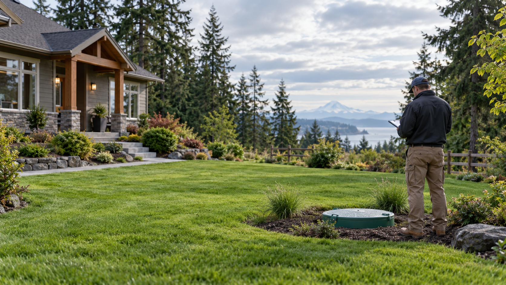 Inspector reviewing a septic system access point at a Pierce County home