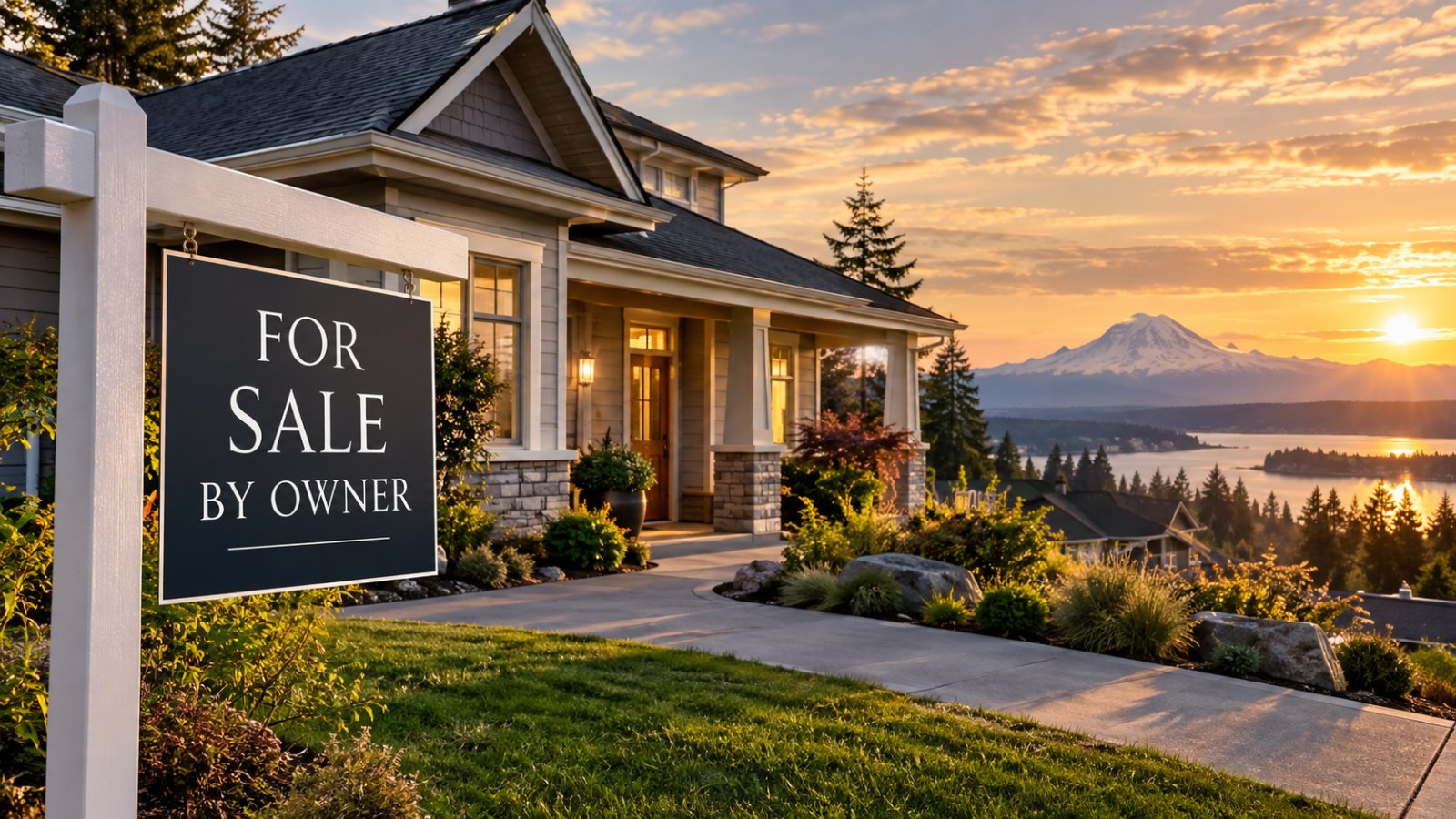 For Sale By Owner sign in front of a craftsman-style home at sunset with a snow-capped mountain and water in the distance