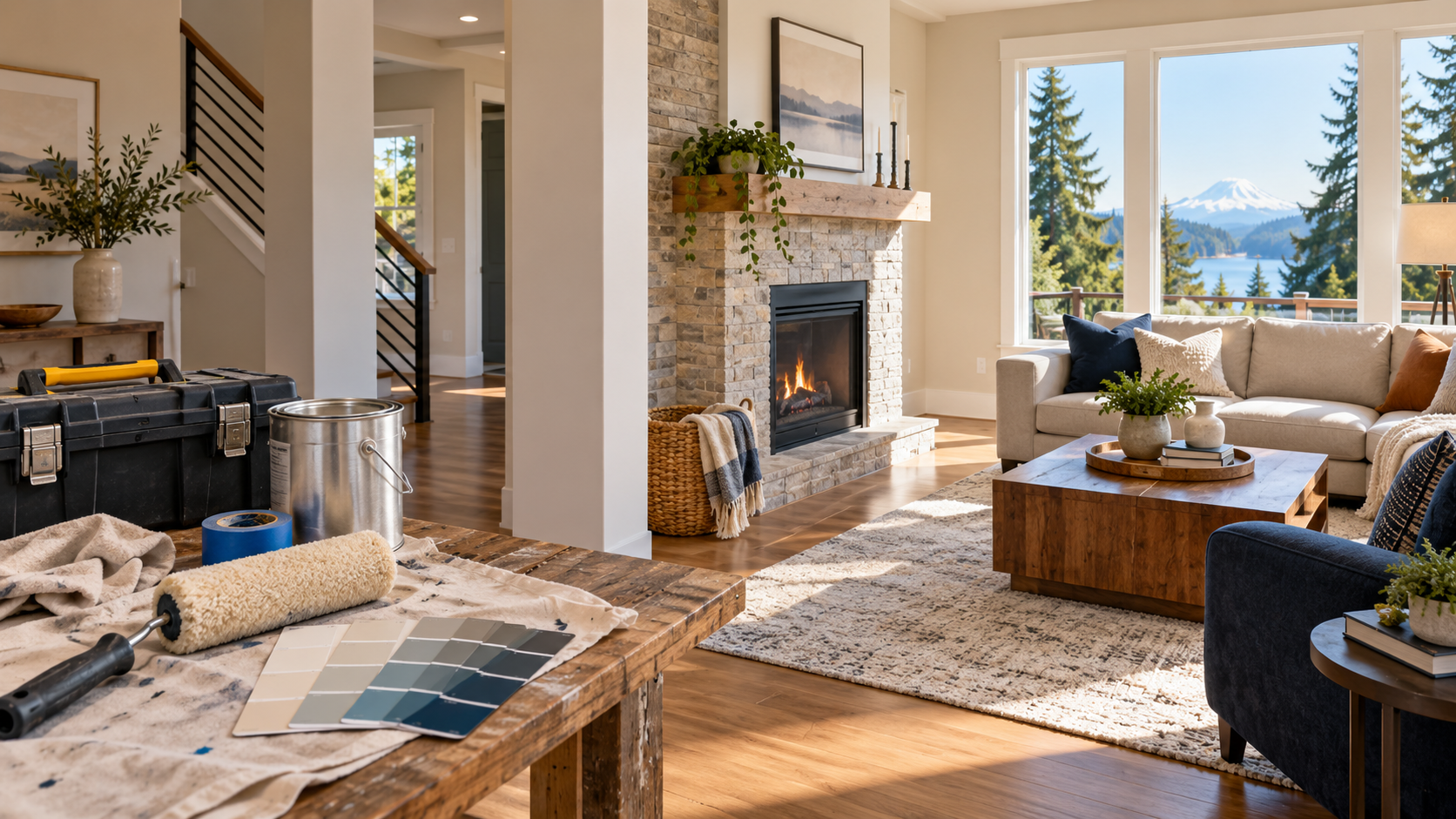 Pierce County living room with repair supplies beside a finished move-in-ready space