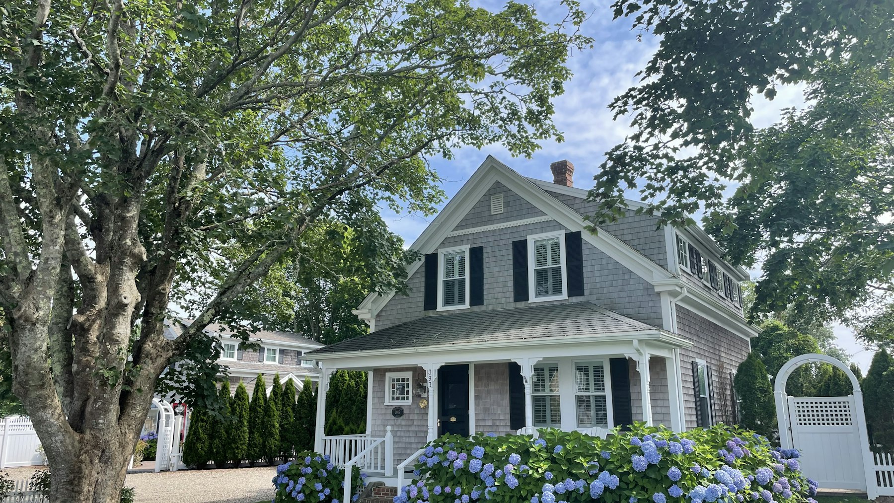 Older two-story home framed by large mature trees, the kind of property where a sewer scope inspection is recommended