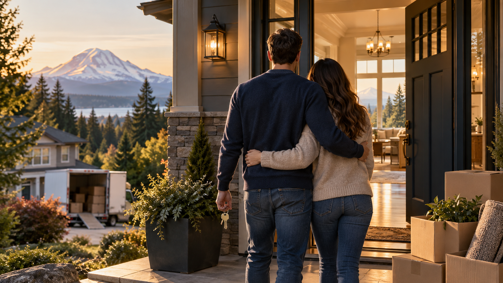 Washington move-up buyers arriving at their next home with keys and moving boxes